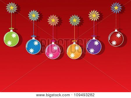 Christmas Multicolor Balls And Colorful Ornaments On Brigh Red Background. Vector Illustration Desig