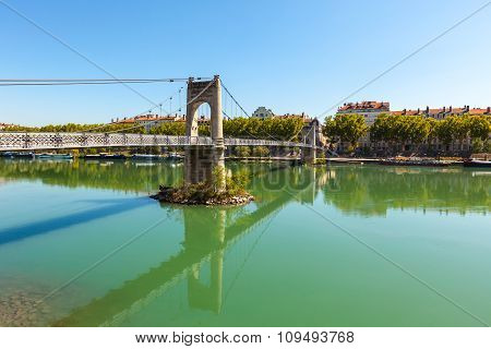 Old Passerelle Du College Bridge Over Rhone River In Lyon, France
