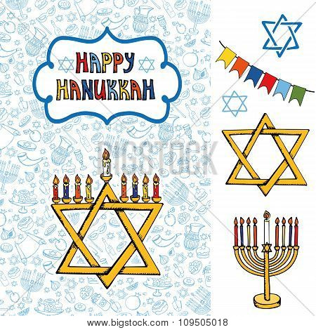 Hanukkah greeting card.Doodle Jewish Holiday symbols