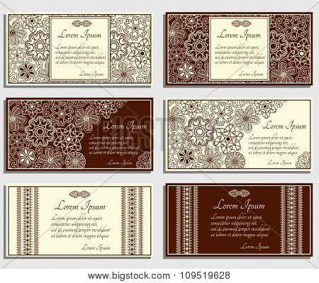Set of beige invitation cards with brown paisley and floral elements. Good for widdings, parties, an