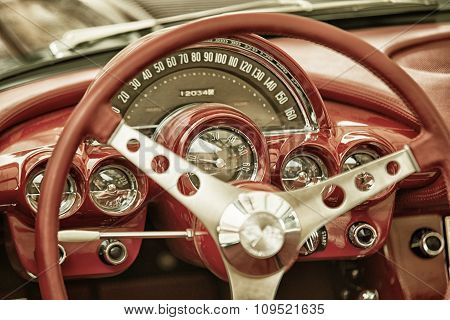 Sleza, Poland, August 15, 2015: Close Up On Corvette Vintage Car Steering Wheel And Kockpit On  Moto