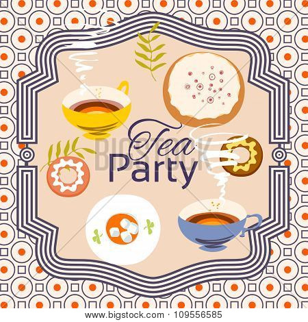 Tea Party Invitation Card. Frame Over Pattern Background, Colorful Illustration