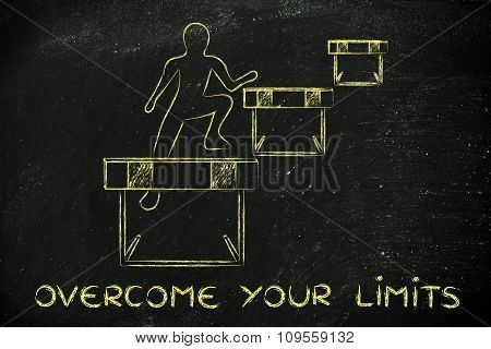 Person Successfully Jumping Over Obstacles, With Text Overcome Your Limits