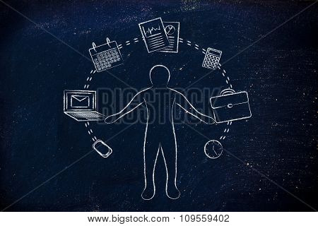 Busy Business Man Juggling With Office Objects