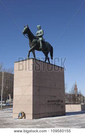 HELSINKI FINLAND - MARCH 17 2013: The equestrian statue of the Marshal Mannerheim (1867-1951) Finnis