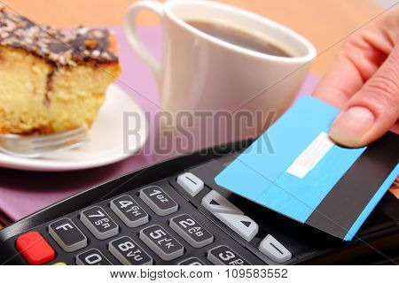 Paying With Contactless Credit Card For Cheesecake And Coffee In The Cafe, Finance Concept