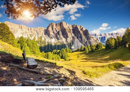 Great view on the Pizes de Cir ridge, valley Gardena. National Park Dolomites, South Tyrol. Location Ortisei, S. Cristina and Selva Gardena, Italy, Europe. Dramatic scene. Beauty world.