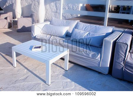 Beautiful Relax Terrace With White Sofa, Grete, Greece.