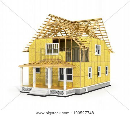 3D Render Of House In Construction Process. We See Constituents Of Roof Frame And Insulation Layer.