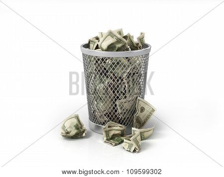 Money In Basket. Isolated Over White