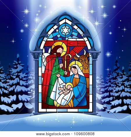 Illuminated stained glass window depicting Christmas scene in gothic frame against the night winter spruce forest in snow under starry sky. Vector Illustration