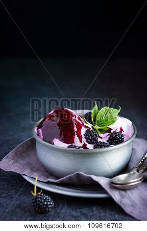 Delicious Homemade Blackberry  Ice Cream With Blackberry Topping And Fresh Berry