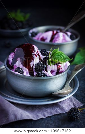Delicious Homemade Blackberry  Ice Cream With Blackberry Topping And Fresh Berry