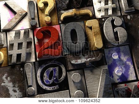 2016 Title In Vintage Wood Block Text And Hashtag