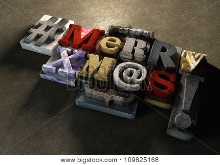 Merry Christmas Xmas Title In Vintage Wood Block Text And Hashtag