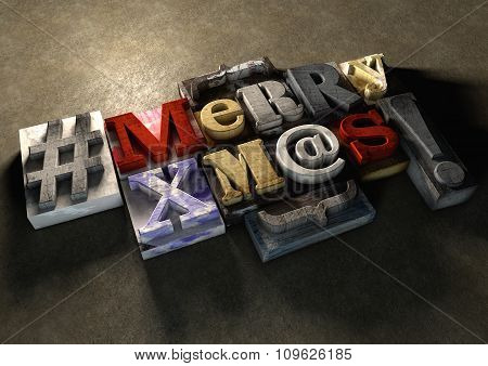 Merry Christmas Xmas Title In Vintage Wood Block Text And Hashtag