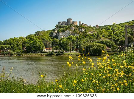 Ruins Of An Ancient Castle On The River Shore, Les Andeles, France