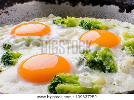 The frying pan with fried eggs with broccoli