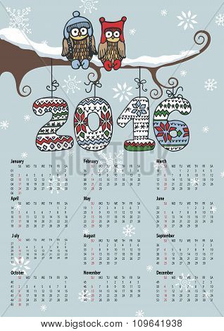 Calendar 2016.Owl couple,Knitting numbers