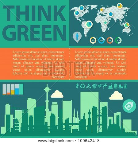 Think Green Vector illustration with downtown and infographics