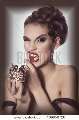 Beautiful fashion girl with delicious berry pie