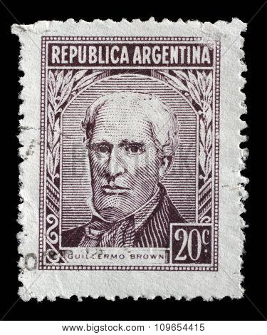 ARGENTINA - CIRCA 1959: A stamp printed Argentina in shows portrait of Admiral Guillermo Brown (1777-1857) founder of the Argentine navy, circa 1959