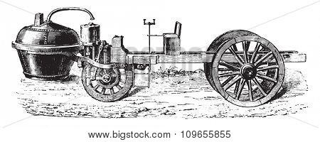 Cugnot steam car, vintage engraved illustration. Industrial encyclopedia E.-O. Lami - 1875. 