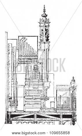Cutting the organ of the Cathedral of Saint-Brieuc, vintage engraved illustration. Industrial encyclopedia E.-O. Lami - 1875. 