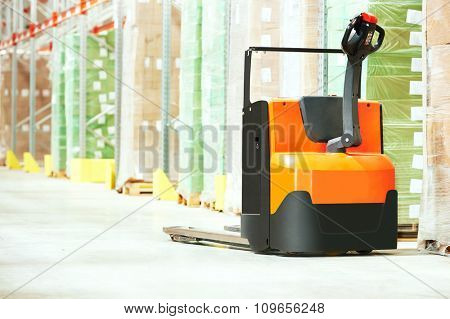 Manual forklift pallet stacker truck equipment at warehouse