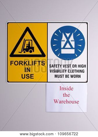 Fork lift truck warning and high visibility vest wall signs