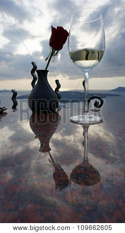 A Vine Glass And A Rose On Greece Island