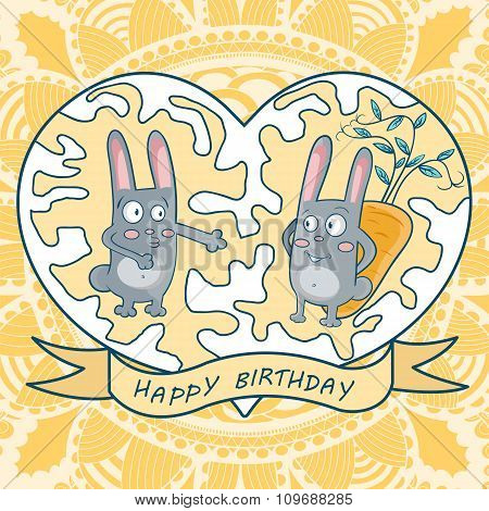 Greeting Card Happy Birthday. Two Rabbits, Carrots, Heart, Floral Background.