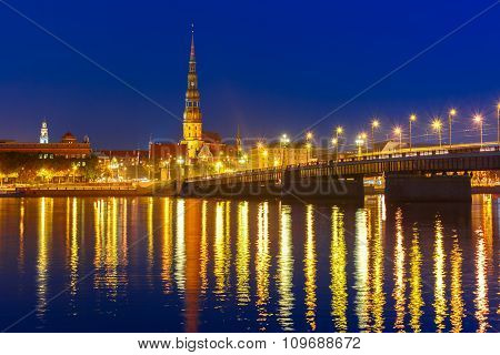 Old Town and River Daugava at night, Riga, Latvia