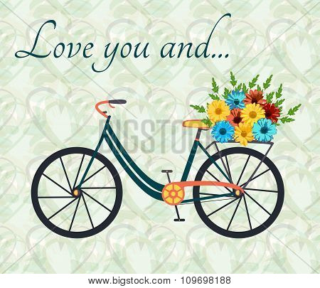 Postcard for person, who love bike and woman alike. City bicycle with flowers in basket. Romantic ba