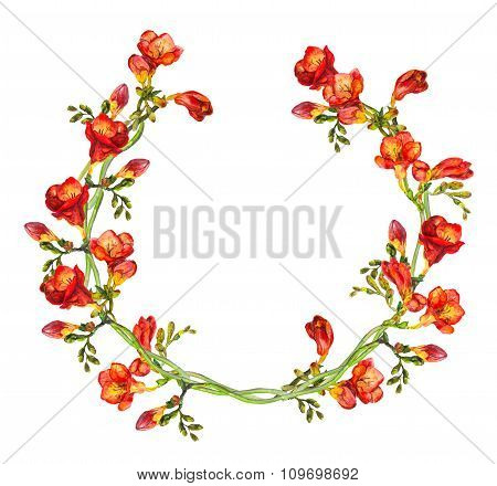 Floral circle garland wreath with vivid watercolor painted red freesia flowers