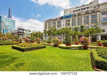 HO CHI MINH, VIETNAM - APRIL 28, 2014: View from public park on Bitexco Financial Tower - the tallest building in the Ho Chi Min city. Its construction was completed in 2010. 