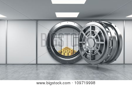 3D Rendering Of A Big Open Round Metal Safe In A Bank Depository With Locked Lock-boxes And  A Pyram