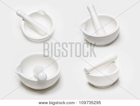 Set Of Four White Ceramic Mortar And Pestle