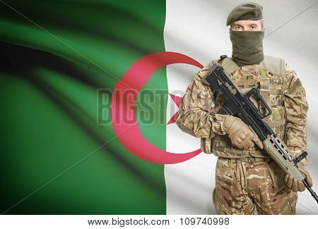Soldier Holding Machine Gun With Flag On Background Series - Algeria