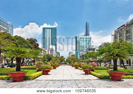 HO CHI MINH, VIETNAM - APRIL 28, 2014: View from public park on Bitexco Financial Tower - the tallest building in the Ho Chi Min city. Its construction was completed in 2010. 