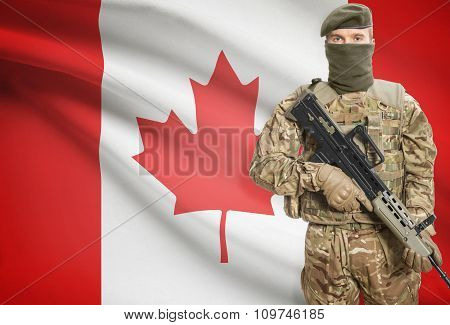 Soldier Holding Machine Gun With Flag On Background Series - Canada