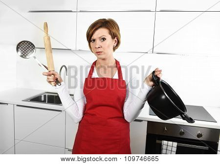 Cook Woman In Angry Upset Frustrated Face Expression In Apron Holding Cooking Pan Dirty Edit