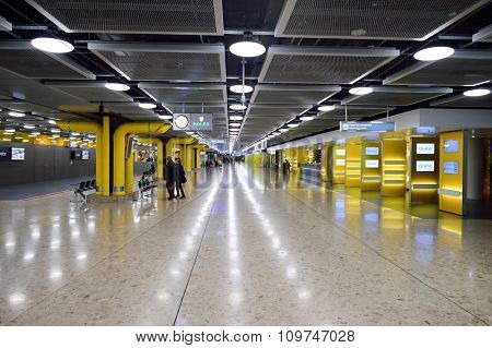 GENEVA, SWITZERLAND - NOVEMBER 19, 2015: interior of Geneva Airport. Geneva International Airport is the international airport of Geneva, Switzerland. It is located 4 km northwest of the city centre.