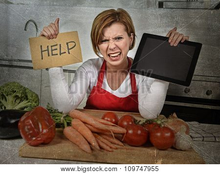 Inexperienced Home Cook Woman In Red Apron Screaming Desperate And Frustrated At Domestic Kitchen In