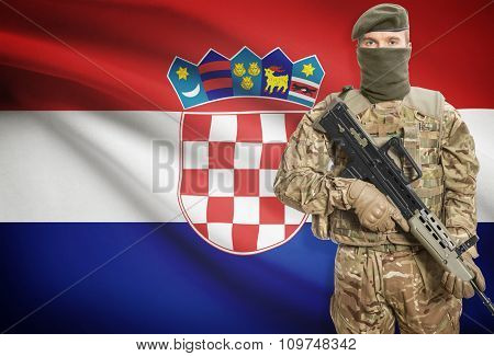 Soldier Holding Machine Gun With Flag On Background Series - Croatia