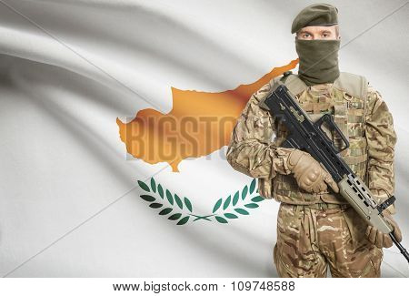 Soldier Holding Machine Gun With Flag On Background Series - Cyprus