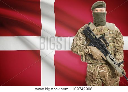 Soldier Holding Machine Gun With Flag On Background Series - Denmark