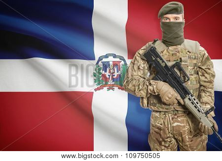 Soldier Holding Machine Gun With Flag On Background Series - Dominican Republic