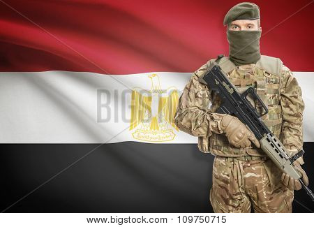 Soldier Holding Machine Gun With Flag On Background Series - Egypt