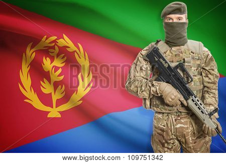 Soldier Holding Machine Gun With Flag On Background Series - Eritrea